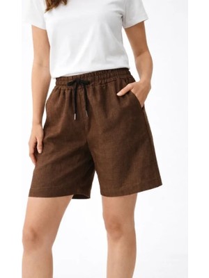 İlk El Grup Ieg™ Keten Kumaş Cepli Rahat Kesim Bel Lastikli Şort - Kahverengi
