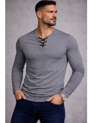 Özel Üretim Füme Ipli Yaka Dar Kesim Uzun Kollu Geniş Yaka Bisiklet Yaka Tişört Tshirt