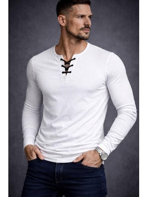 By Bülent Özel Üretim Beyaz Ipli Yaka Uzun Kollu Geniş Yaka Bisiklet Yaka Tişört Tshirt
