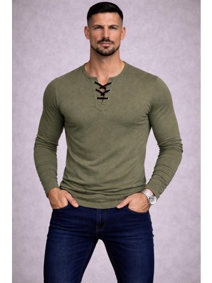 Özel Üretim Haki Yeşil Ipli Yaka Dar Kesim Uzun Kollu Geniş Yaka Bisiklet Yaka Tişört Tshirt