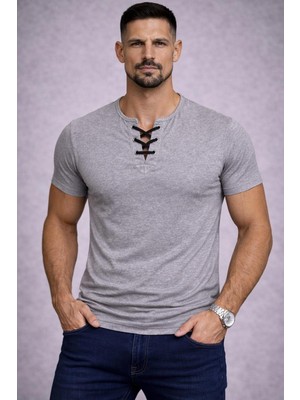 Bybülent Özel Üretim Gri Melanj Ipli Yaka Geniş Yaka Bisiklet Yaka Tişört Tshirt