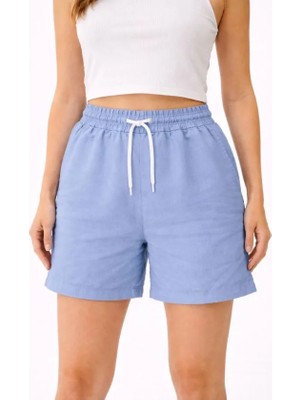 Zenvia Keten Kumaş Cepli Rahat Kesim Bel Lastikli Şort - Mavi