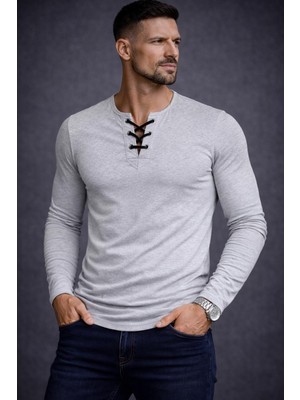 Özel Üretim Açık Gri Ipli Yaka Uzun Kollu Dar Kesim Geniş Yaka Bisiklet Yaka Tişört Tshirt