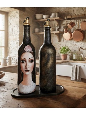 Rembox Premium Vintage El Yapımı Cam Yağdanlık Seti 2’li | Eskitme Sanat Desenli,dekoratif Mutfak Şişesi