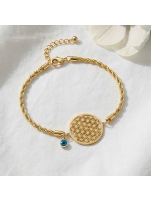 Valmont Accessories Yaşam Çiçeği Nazar Boncuklu 18+5 cm Ayarlanabilir Altın Sarısı Kadın Çelik Bileklik