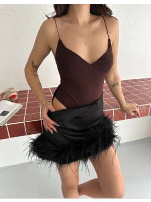 Hobilinka Derin Dekolte Askılı Body Sırt Dekolteli Şık Kolsuz Yazlık Bodysuit - Kahverengi