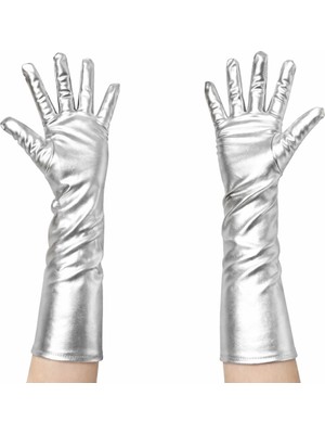 tp Gümüş Renk Dirsek Altı Lüks Saten Eldiven 40 cm