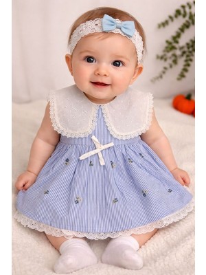 Tuem Baby Bebek Mavi Çizgili Brode Yakalı Çiçek Nakışlı Astarlı Pamuk Elbise( Beden Ölçüleri Açıklamada)