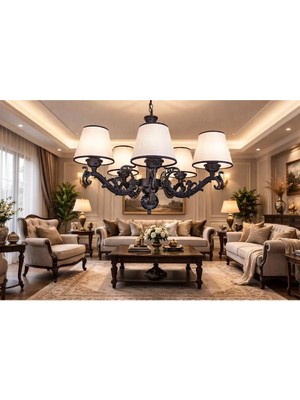 Dede Avize Beş Kollu Zamak Metal Avize Siyah Statik Boyalı Siyah Bantlı Krem Rengi Şapkalı