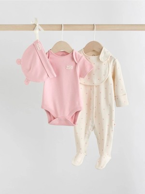 Next Baby %100 Pamuklu Pembe 4 Parça Bebek Uyku Tulumu, Zıbın, Bere ve Önlük Seti