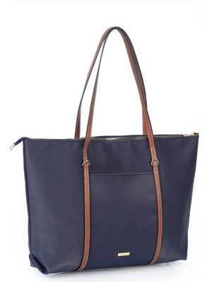 Rivina Lore Ön Cep Detaylı Tote Model Saten Büyük Boy El Kol ve Omuz Çantası Lacivert