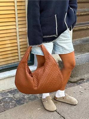 Rivina Bahes Kadın Örgülü Deri Büyük Boy Tote Model El Kol ve Omuz Çantası