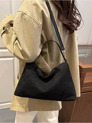 Rivina Miya Kadın Süet Kilit Detaylı Ayarlanabilir Askılı Süet Dokulu El Omuz ve Çantası 30/25 Siyah