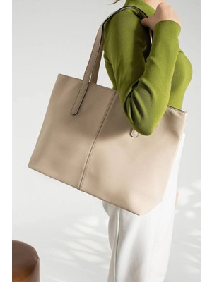 Rivina Soft Touch Büyük Boy Tote Model Kadın El Kol ve Omuz Çantası Krem
