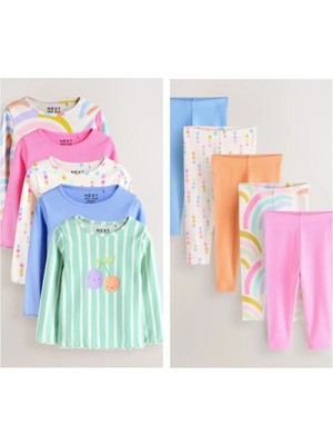 Next Baby Pamuklu Pastel Gökkuşağı Desenli Uzun Kollu 5'li Alt Üst Takım