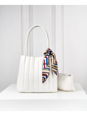 Rivina Elit Kadın Plise Makyaj Çantalı Fular Hediyeli El ve Omuz Çantası Beyaz