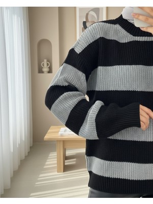 Moda Morfo Selanik Örgü Bisiklet Yaka Triko Kazak -Siyah