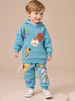 Next Baby Pamuklu Mavi Baskılı Kapüşonlu Sweatshirt Uzun Kollu Alt Üst Takım