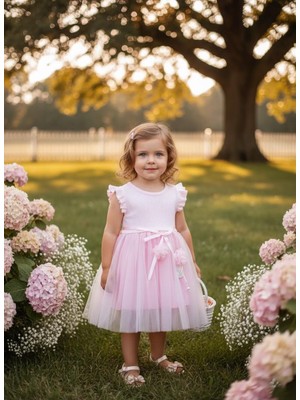 Lina Baby Bloomm Pembe Kısa Kollu Kız Bebek Elbise Tül Etekli Fiyonklu Şık Model