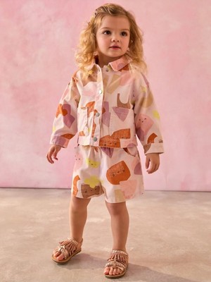 Next Baby Pamuklu Çok Renkli Pastel %100 Pamuk Baskılı Ceket Şort Alt Üst Takım