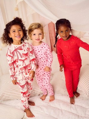 Next Baby Pamuklu Kırmızı Fiyonk / Kalp Desenli Uzun Kollu 3'lü Alt Üst Takım /pijama