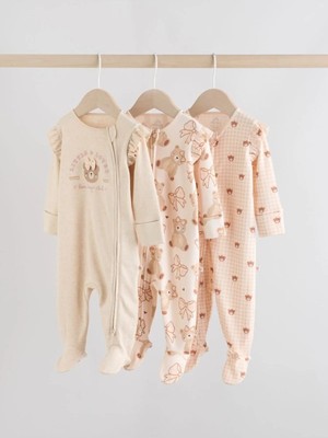 Next Baby Pamuklu Krem Pembe Ayıcık Desenli 3'lü Tulum Set