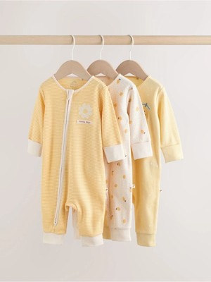 Next Baby Pamuklu Sarı Çiçek Desenli Çift Yönlü Fermuarlı 3'lü Tulum Set