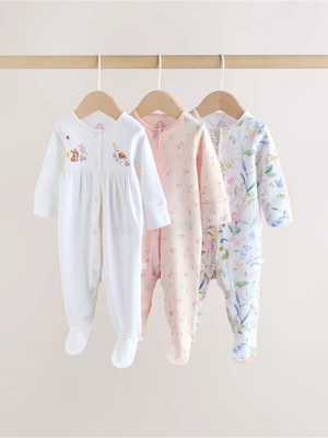 Next Baby Pamuklu Beyaz Pembe Tavşan Çiçek Desenli 3'lü Tulum Set