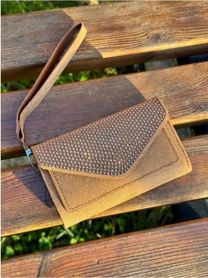 Rivina Kadın Zarf Model Taş Işlemeli Süet Kadın Cüzdan - Askılı