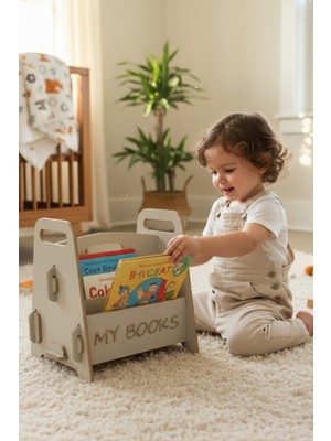 Monte Toys Montessori Ahşap Çocuk Kitaplığı Gri Eğitici ve Dekoratif Tasarım - Kitaplık