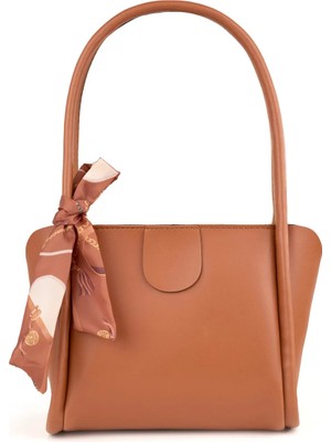 Rivina Moli Kadın Çift Saplı Fular Detaylı Küçük Boy El Kol ve Omuz Çantası Taba