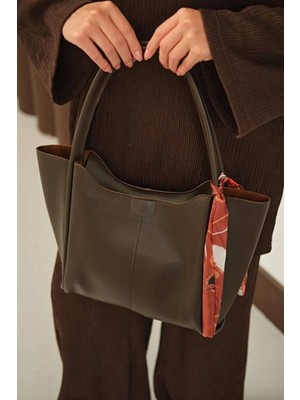 Rivina Kadın Fularlı Büyük Boy El Kol ve Omuz Tote Çanta Kahverengi