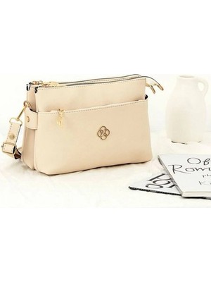 Rivina Krem Kadın Minimal El ve Omuz Çantası – Gold Detaylı, 3 Bölmeli