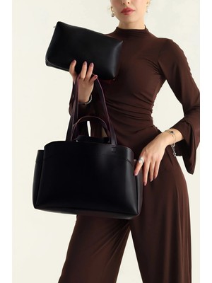 Rivina Mari Kadın Mıknatıs Kapaklı Cüzdan Detaylı El Kol ve Omuz Çantası Siyah