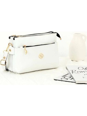 Rivina Beyaz Kadın Minimal El ve Omuz Çantası – Gold Detaylı, 3 Bölmeli