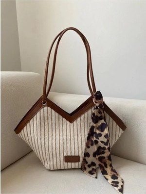 Rivina Kahverengi Kadın Kanvas El ve Omuz Çantası – Fular Detaylı V Kesim Yazlık Model