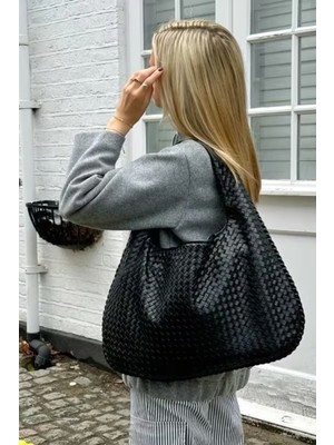 Rivina Lena Siyah Kadın Örgü Detay Büyük Boy Omuz ve Tote Çanta Günlük Geniş Hacimli