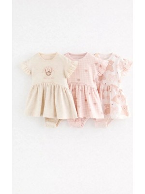 Next Baby Pamuklu Pembe Ayı Işlemeli 3'lü Romper Set