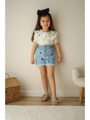 Butik Kız Çocuk %100 Pamuklu Kot Şortlu Takım 2'li Takım