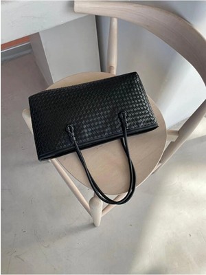 Rivina Nadi Tote Fermuarlı Örgü Detaylı Baget El Omuz Çantası Siyah