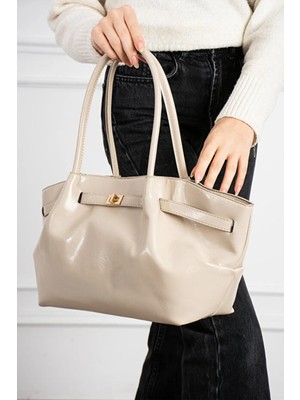 Rivina Kadın Premium Özel Kilit Aksesuarlı Vizon El ve Omuz Çantası Krem