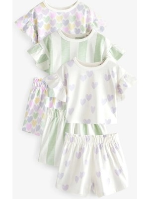 Next Baby Pamuklu Beyaz/mor Kalp Desenli Kısa Kollu Pijama 3'lü Alt Üst Takım