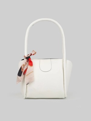 Rivina Moli Kadın Çift Saplı Fular Detaylı Küçük Boy El Kol ve Omuz Çantası Beyaz
