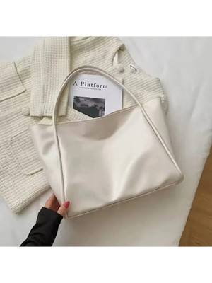 Rivina Kadın Basic Model Yumuşak Deri Büyük Boy Günlük El & Omuz & Kol Çantası Krem