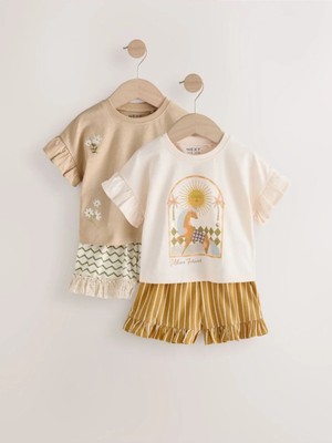 Next Baby Pamuklu Kısa Kollu Krem Kahve Çiçek Desenli 2'li Alt Üst Takım