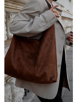 Rivina Kadın Büyük Boy El Kol Omuz ve Tote Çanta - Geniş Hacim Süet Kahverengi