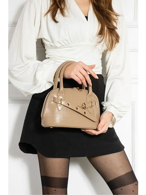 Rivina Reyna Kadın Çift Saplı Özel Kilit Sistemli Kadın El, Çapraz ve Omuz Çanta Vizon