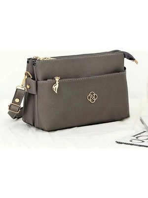 Rivina Gri Kadın Minimal El ve Omuz Çantası – Gold Detaylı, 3 Bölmeli