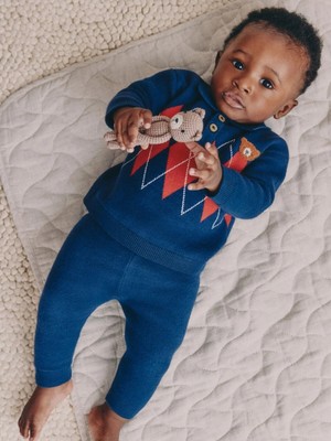 Next Baby Pamuklu Mavi/kırmızı Argyle Bebek Örgü Premium Alt Üst Takım
