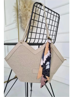 Rivina Ekru Kadın Kanvas El ve Omuz Çantası – Fular Detaylı, V Kesim Yazlık Model